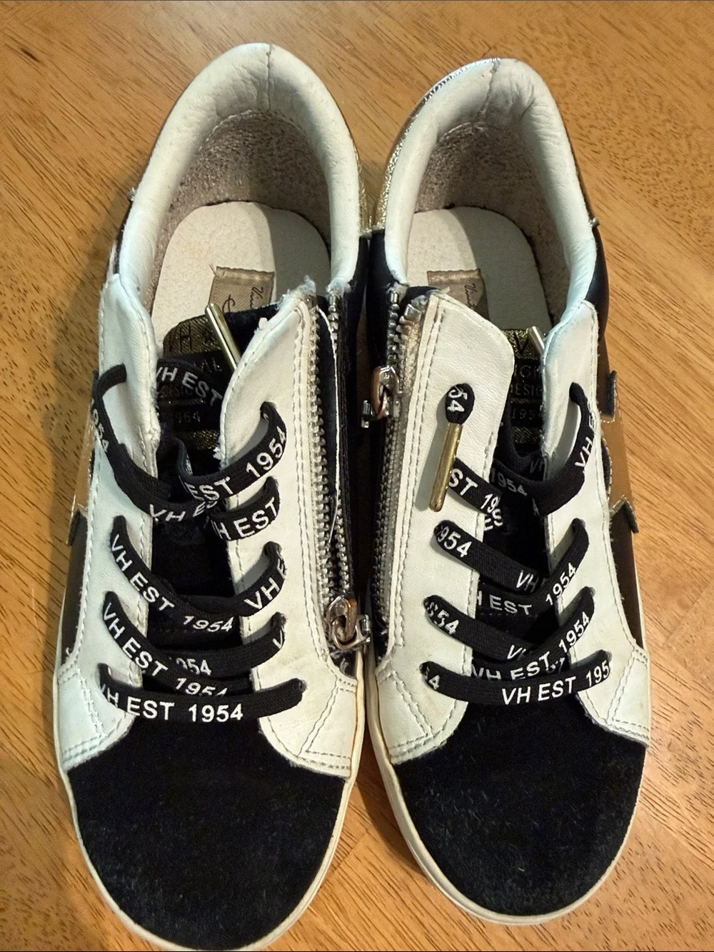 Vintage Havana Black and White Kids Sneakers with Side Zip and Branded Laces